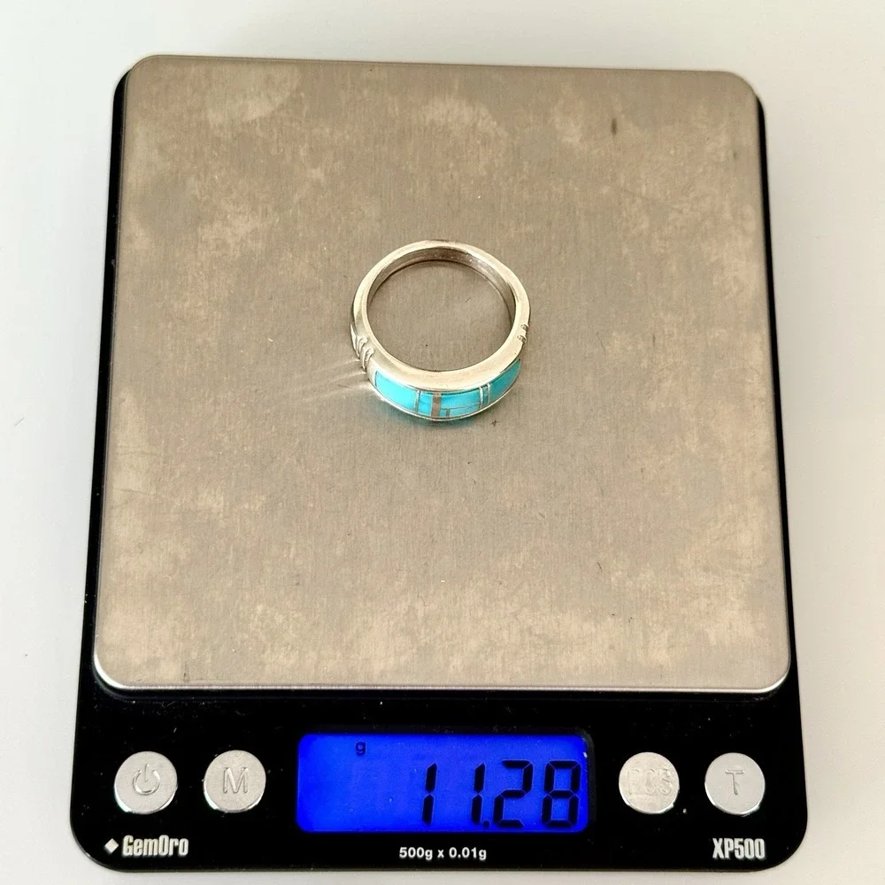 Mens‎ Navajo Wedding Band 12.5 Ring Turquoise 9mm Inlay Signed Tolino Native